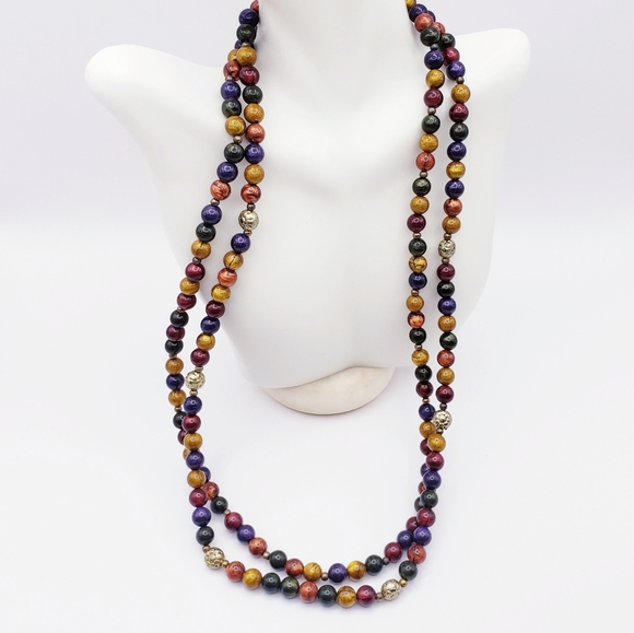 Double Strand Multi Color Beaded Necklace with Silver Floral Bead Accents - Picture 8 of 8